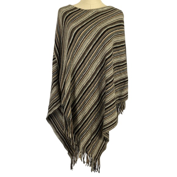 One Size Vintage Y2K Brown Grey Black Stripe Fringe Knit Long Poncho Boho - Picture 1 of 8